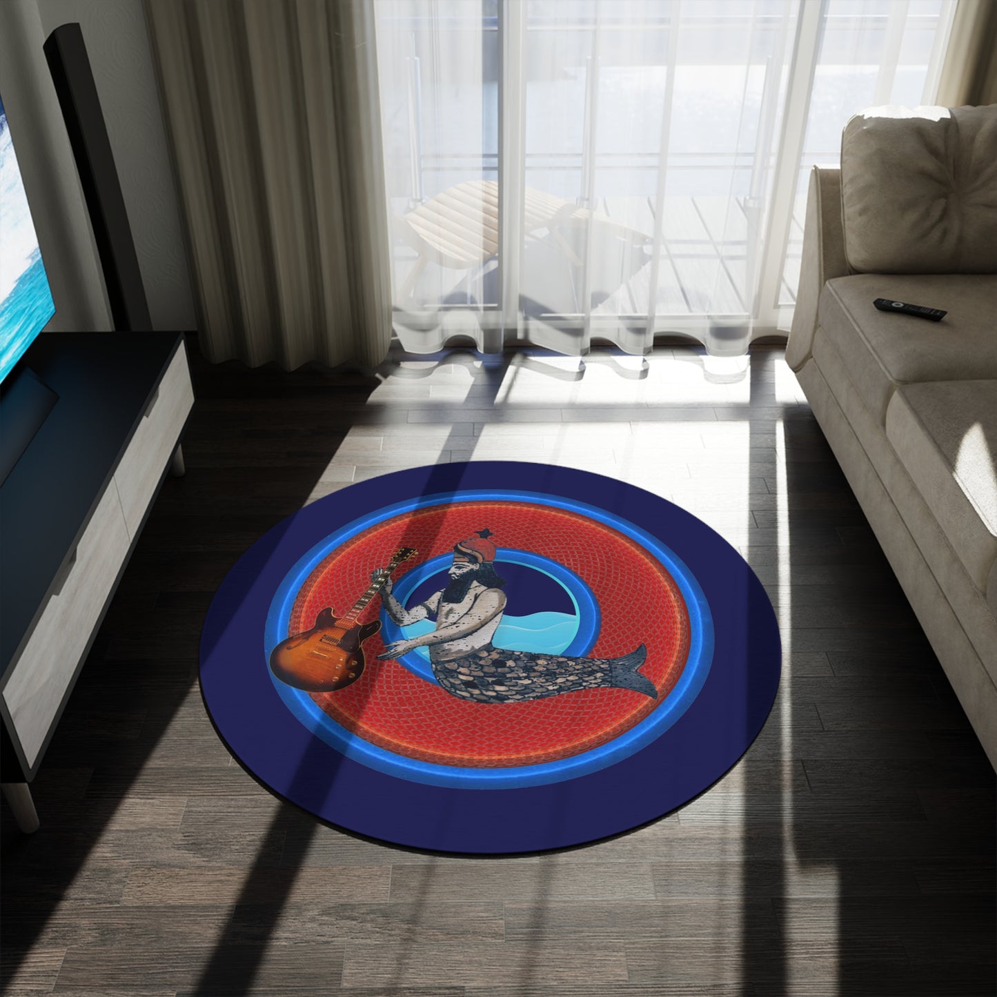 Round Room - 5 ft x 5 ft Lumpy Donut Rug - "Doggone Dagon Donut Rug" - rustic red/blue donut w/navy background - variant 2