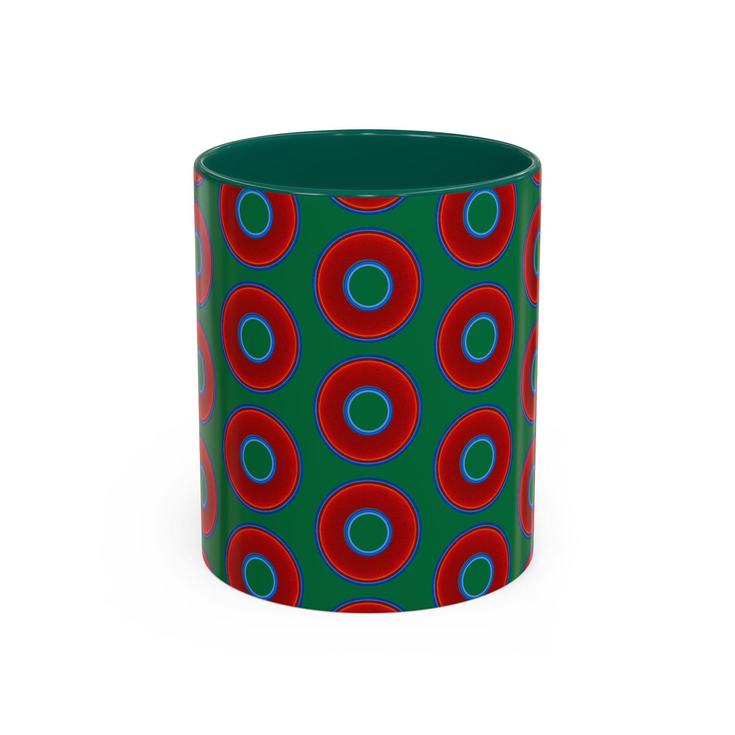 Lump's Grumpy Coffee Mug - vivid red donuts w/green background