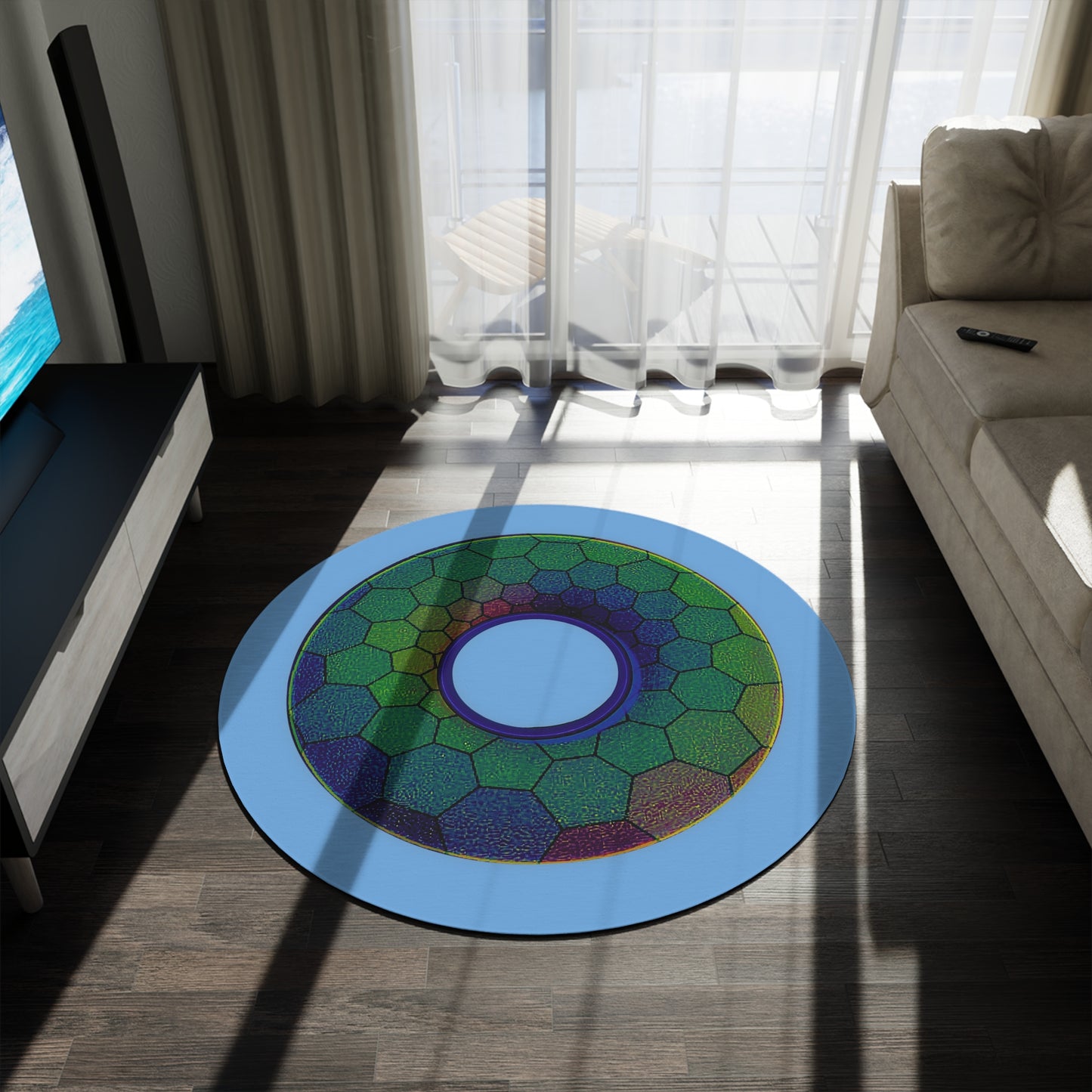 Round Room - 5 ft x 5 ft Lumpy Donut Rug - "Plain Hexadonut" - green hexadonut w/light blue background - variant 3