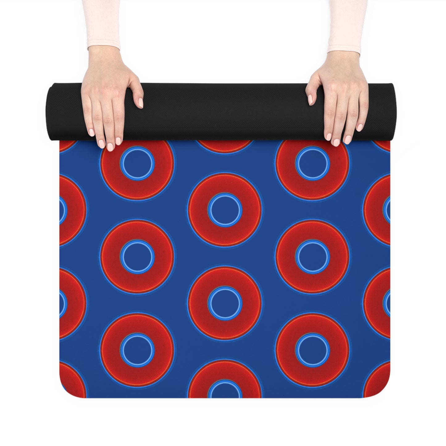 Lumpy Donut Yoga Mat :) - 24″ x 70" - vivid red donut print w/dark blue background