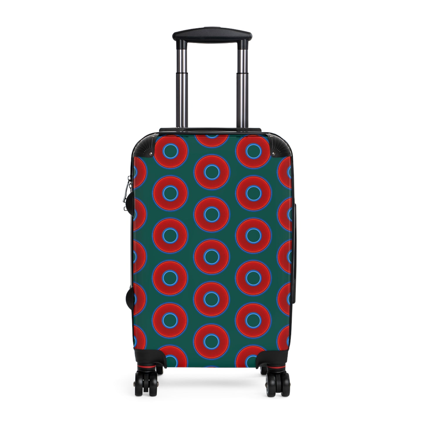 The Very Lumpy Donut Suitcase series - your choice of S, M or L - vivid red donut print w/grayish green background