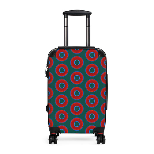 The Very Lumpy Donut Suitcase series - your choice of S, M or L - vivid red donut print w/grayish green background