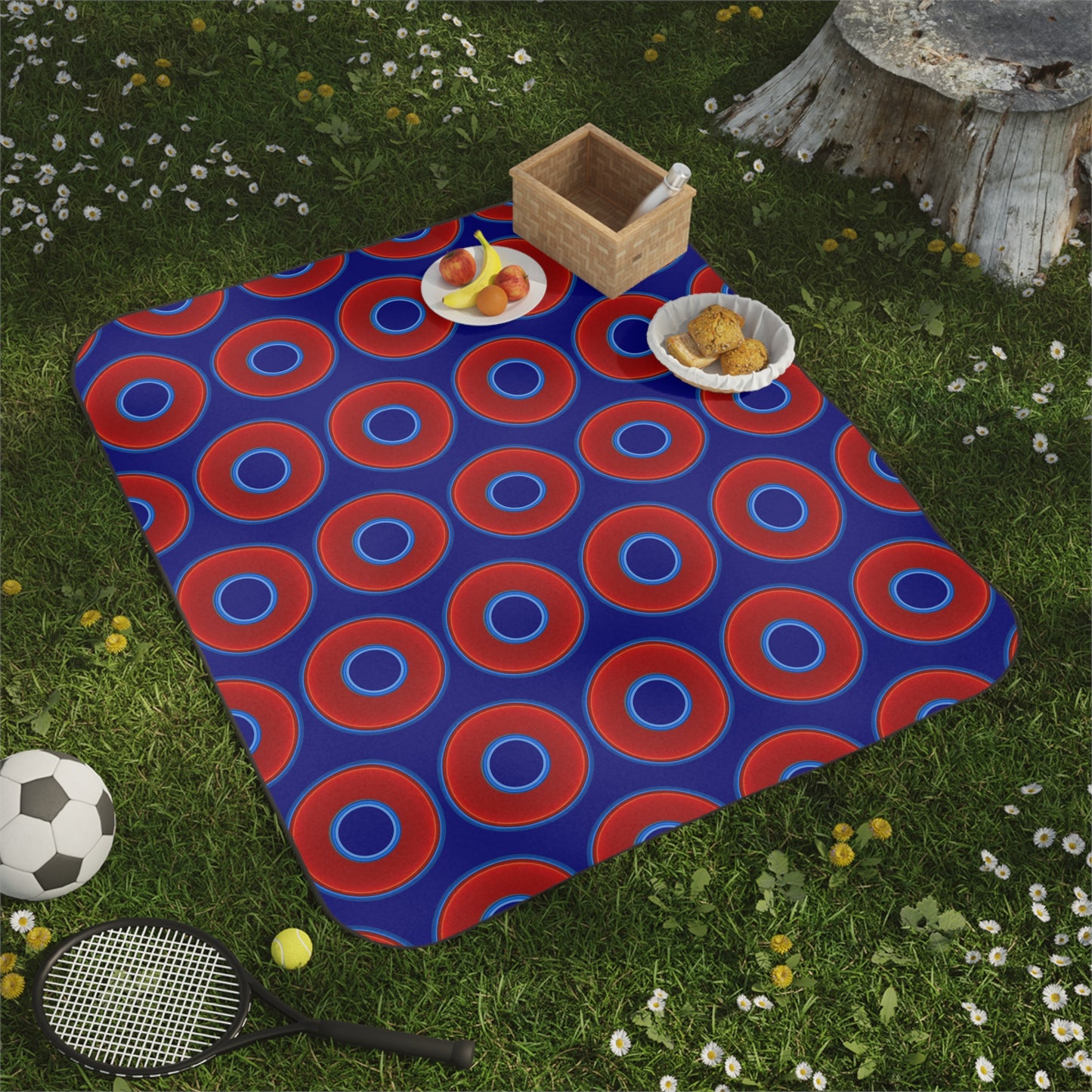 The Lumpy Party Blanket - giant water-resistant outdoor blanket [61" x 51"] - vivid red donuts w/vivid navy blue background