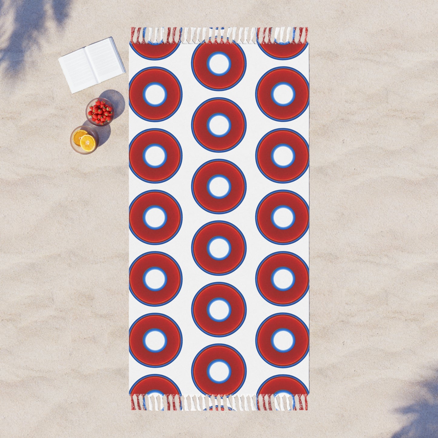 Oversized Lumpy Beach Towel - vivid red donuts w/white background