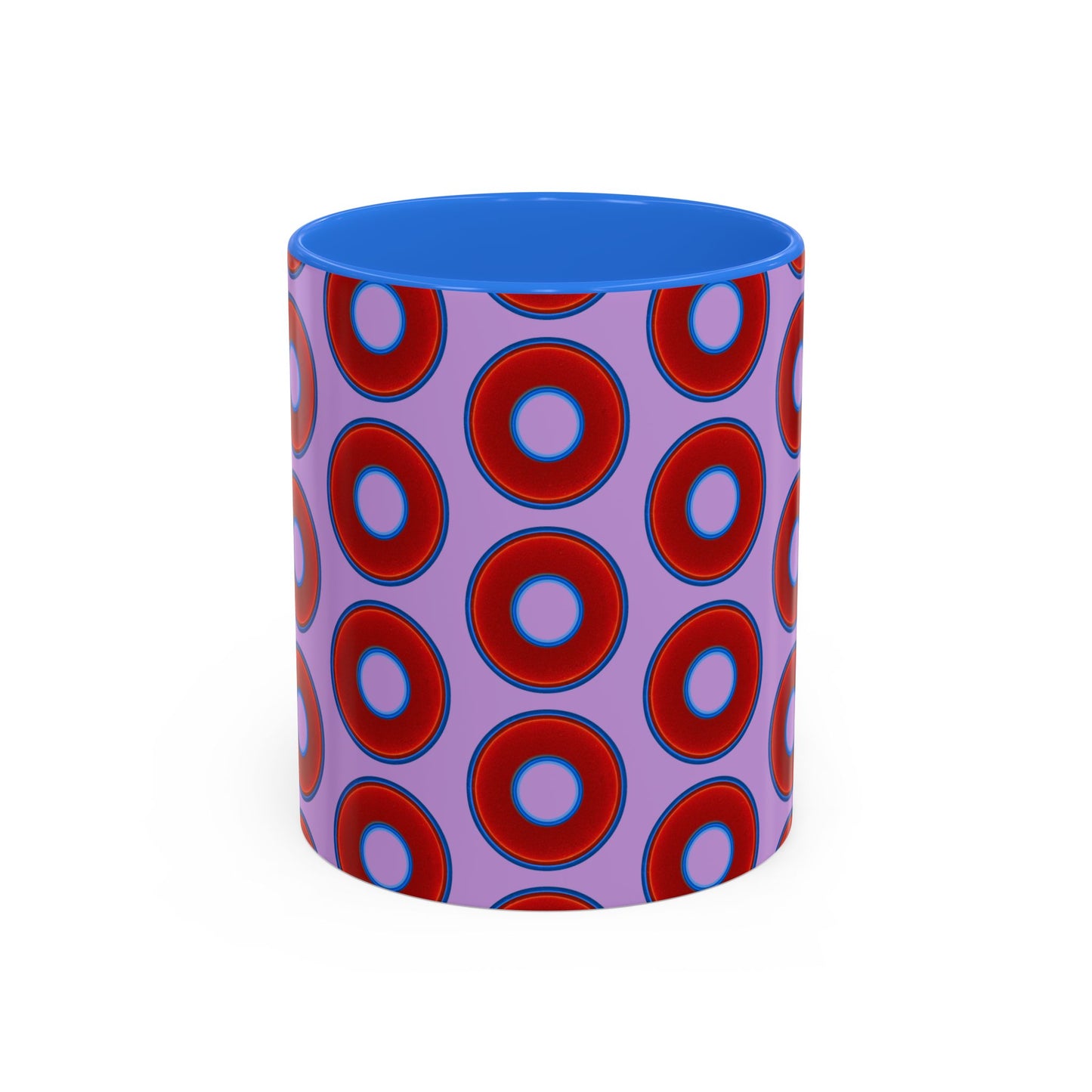 Lump's Grumpy Coffee Mug - vivid red donuts w/wisteria purple background