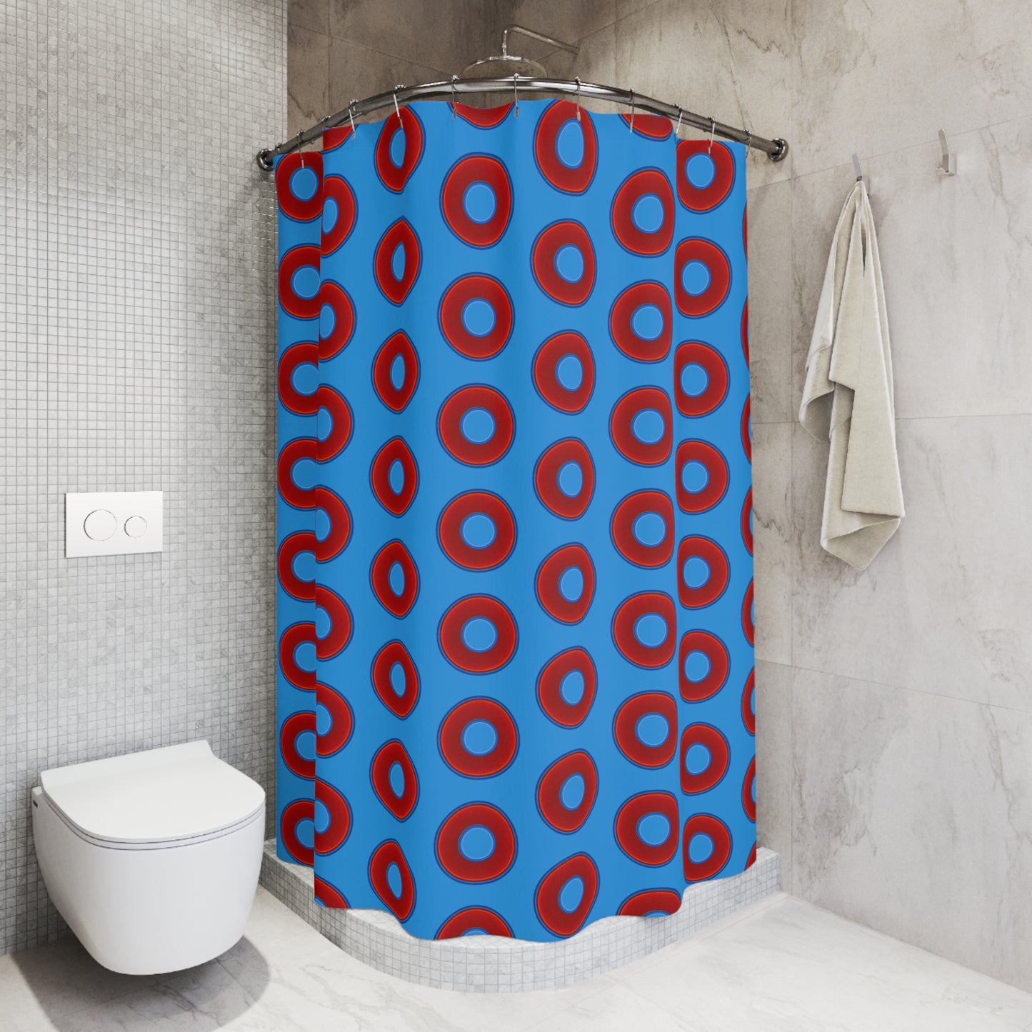 The Curtain With "Donuts" - Lumpy Bath Time Fun - vivid red donuts w/sky royal blue background