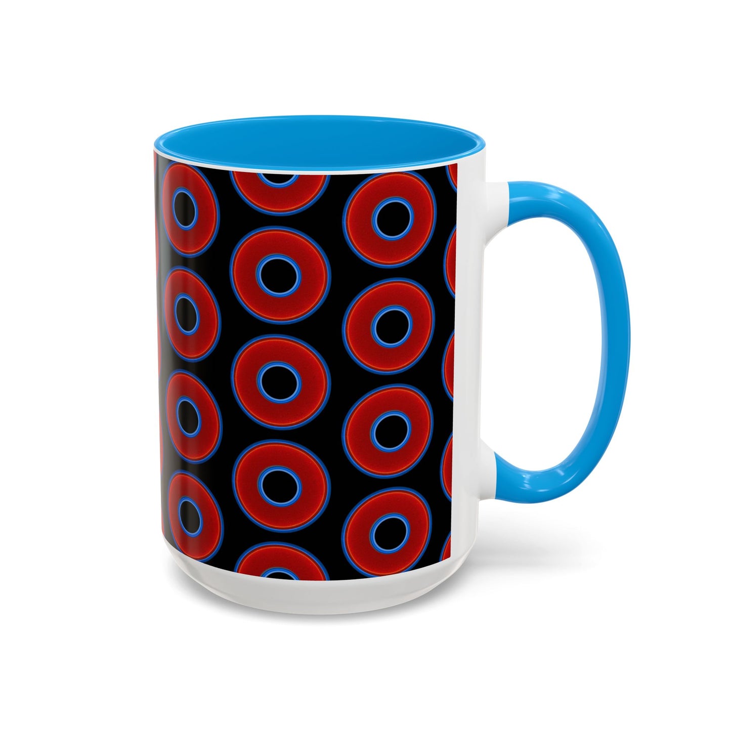 Lump's Grumpy Coffee Mug - vivid red donuts w/black background