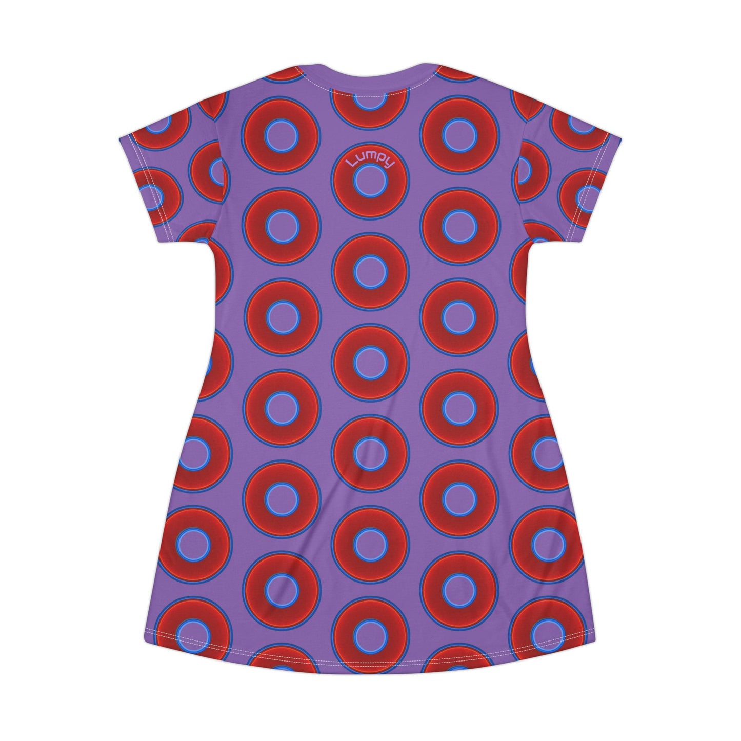 Not a Muumuu AOP Tee Shirt Dress - red vivid donuts w/light purple background