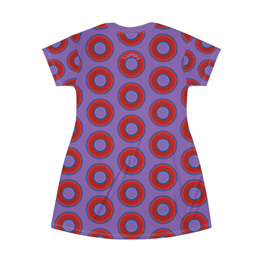 Not a Muumuu AOP Tee Shirt Dress - red vivid donuts w/light purple background
