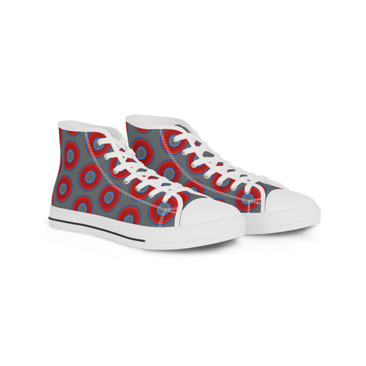 Men's High Top Chucks - large vivid red donut print w/dark gray background