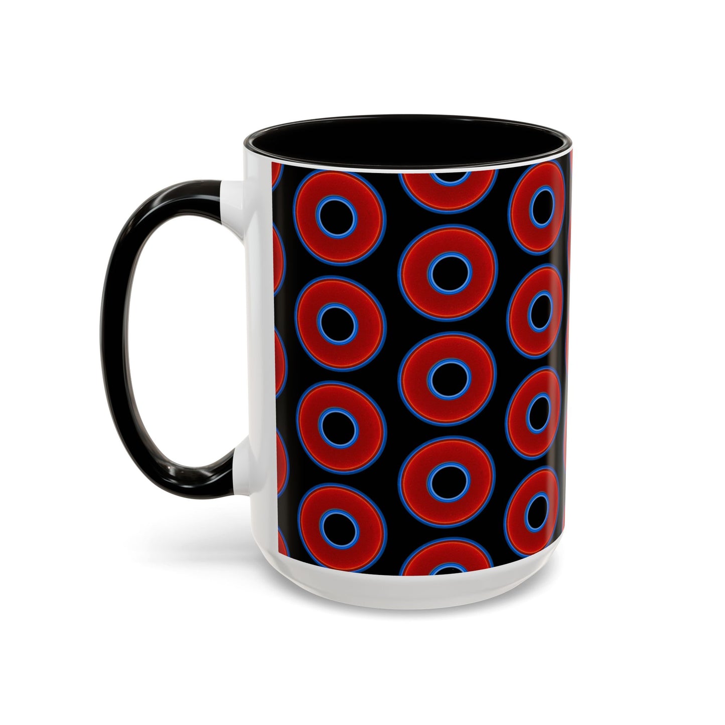 Lump's Grumpy Coffee Mug - vivid red donuts w/black background