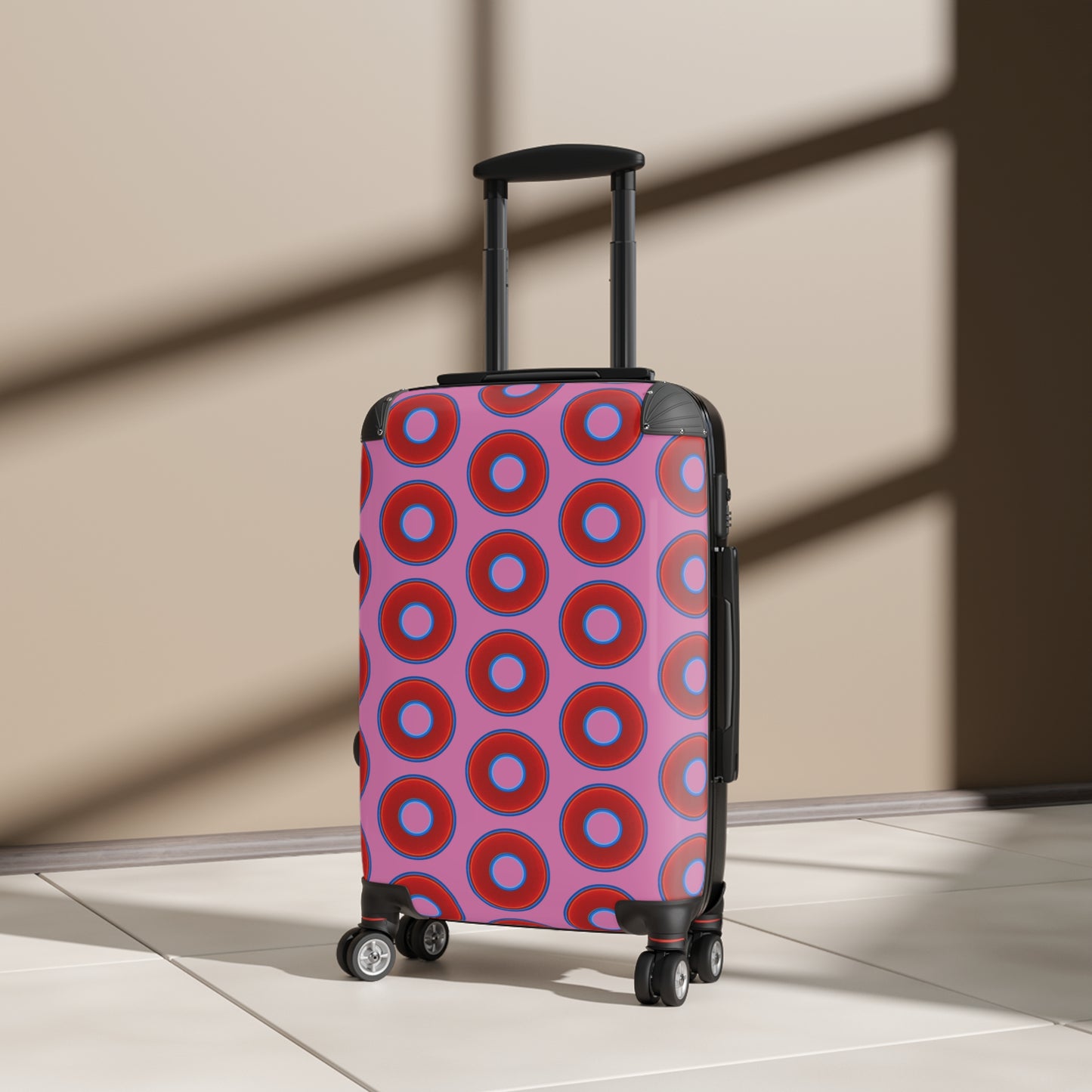 The Very Lumpy Donut Suitcase series - your choice of S, M or L - vivid red donut print w/light pink background