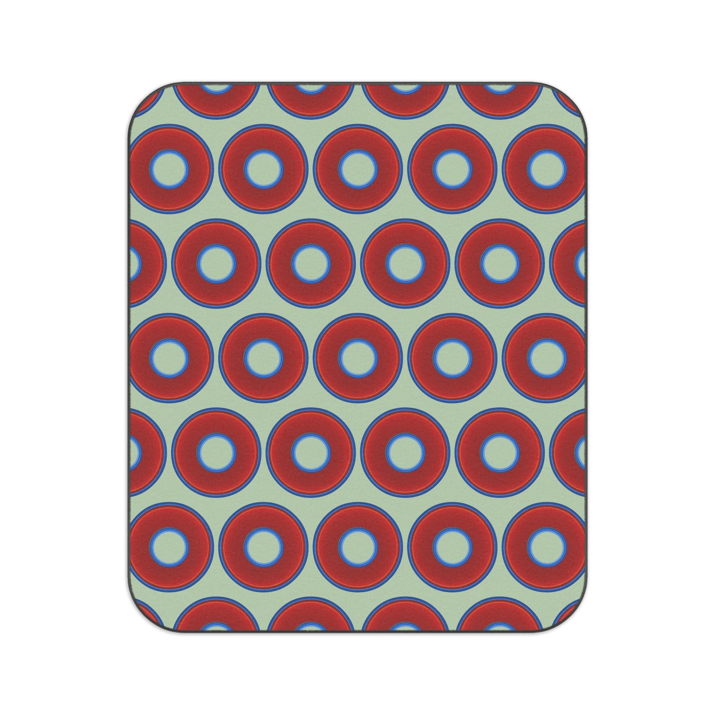 The Lumpy Party Blanket - giant water-resistant outdoor blanket [61" x 51"] - vivid red donuts w/seafoam background