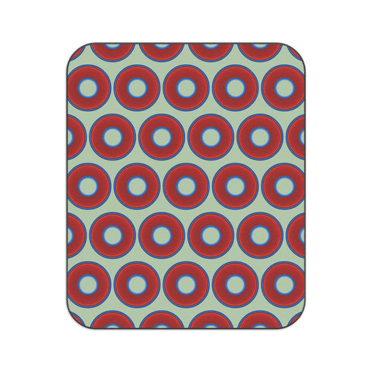 The Lumpy Party Blanket - giant water-resistant outdoor blanket [61" x 51"] - vivid red donuts w/seafoam background
