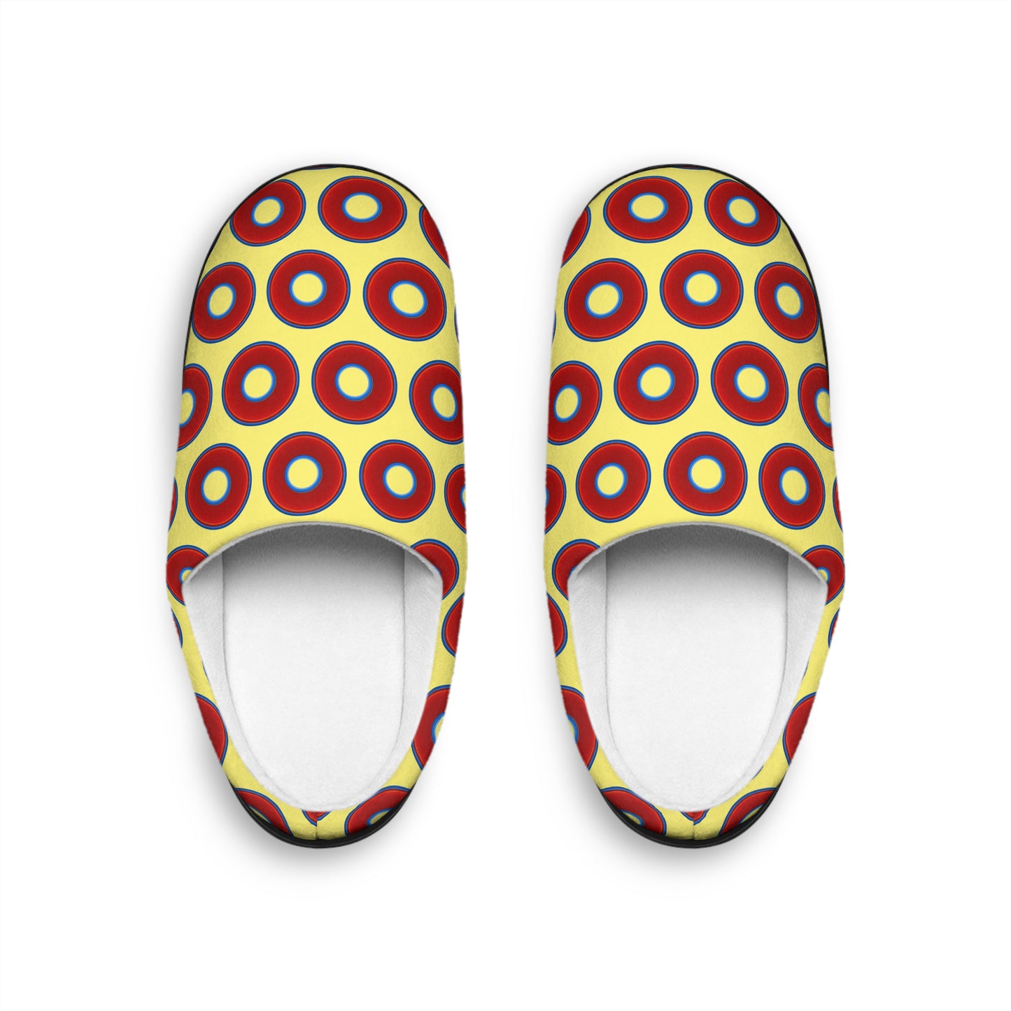 Men's Lumpy Slippers - red vivid donut print w/yellow background