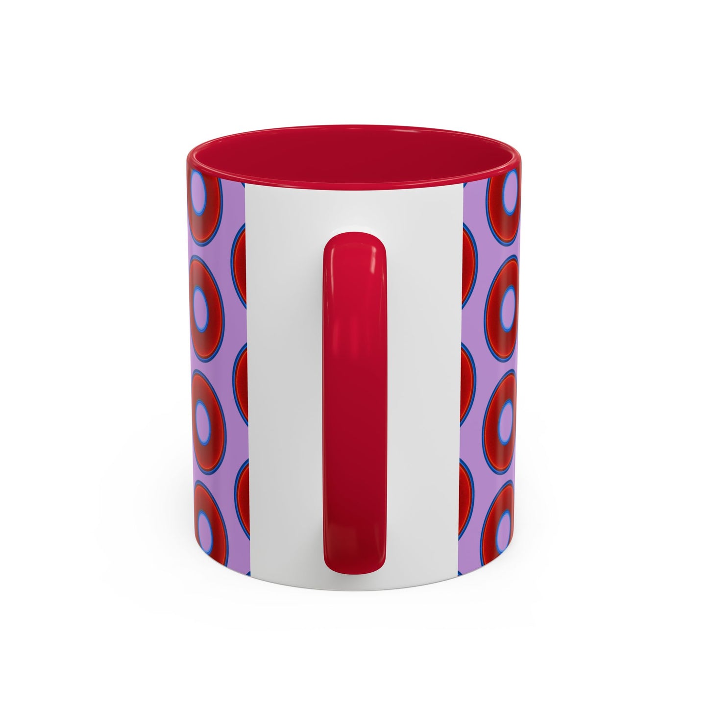 Lump's Grumpy Coffee Mug - vivid red donuts w/wisteria purple background