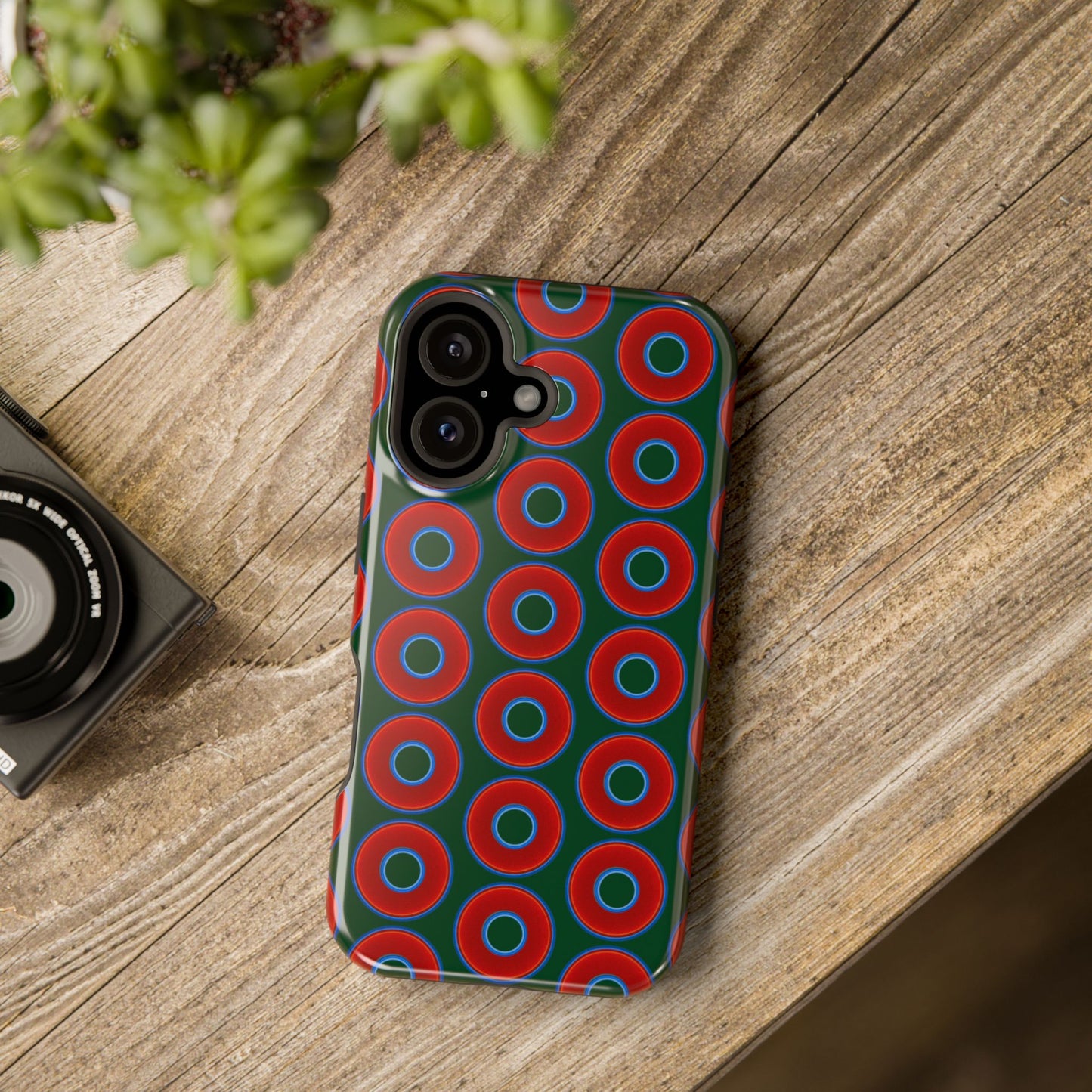 Magnetic Tough Donut Case - red vivid donut print w/deep pond green background