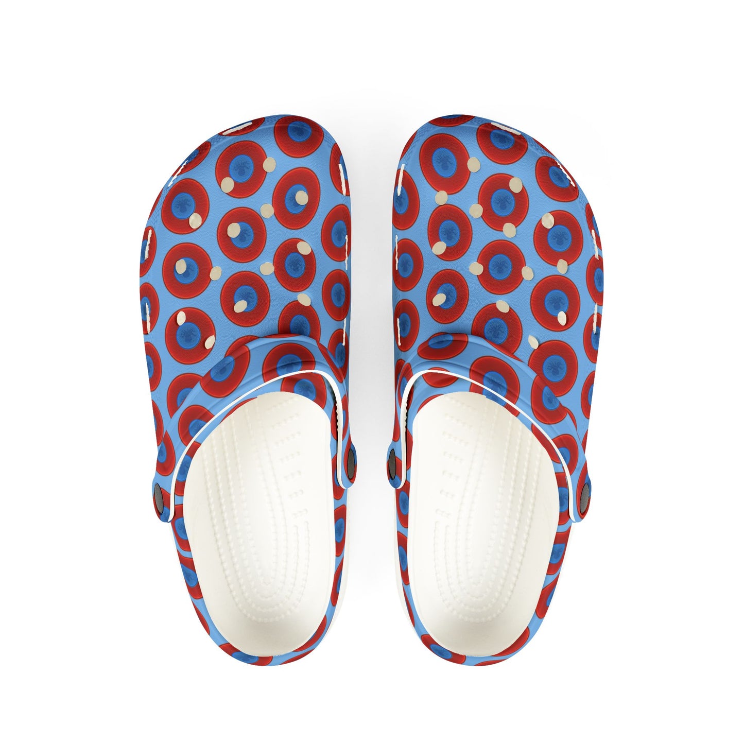 Spatchcocks - donut slip-on shoes - "Roger Moore's Octopussy Donut" - red vivid donuts w/light blue background [unisex]