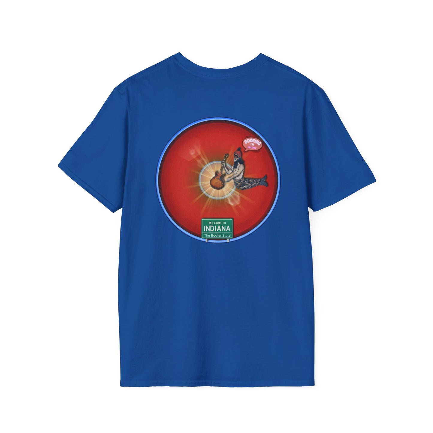 Classic Donut Tee - Unisex Soft-Style - "Indiana is for Boofers" - vivid red/blue plumpy donut - variant 2 - w/sun drop
