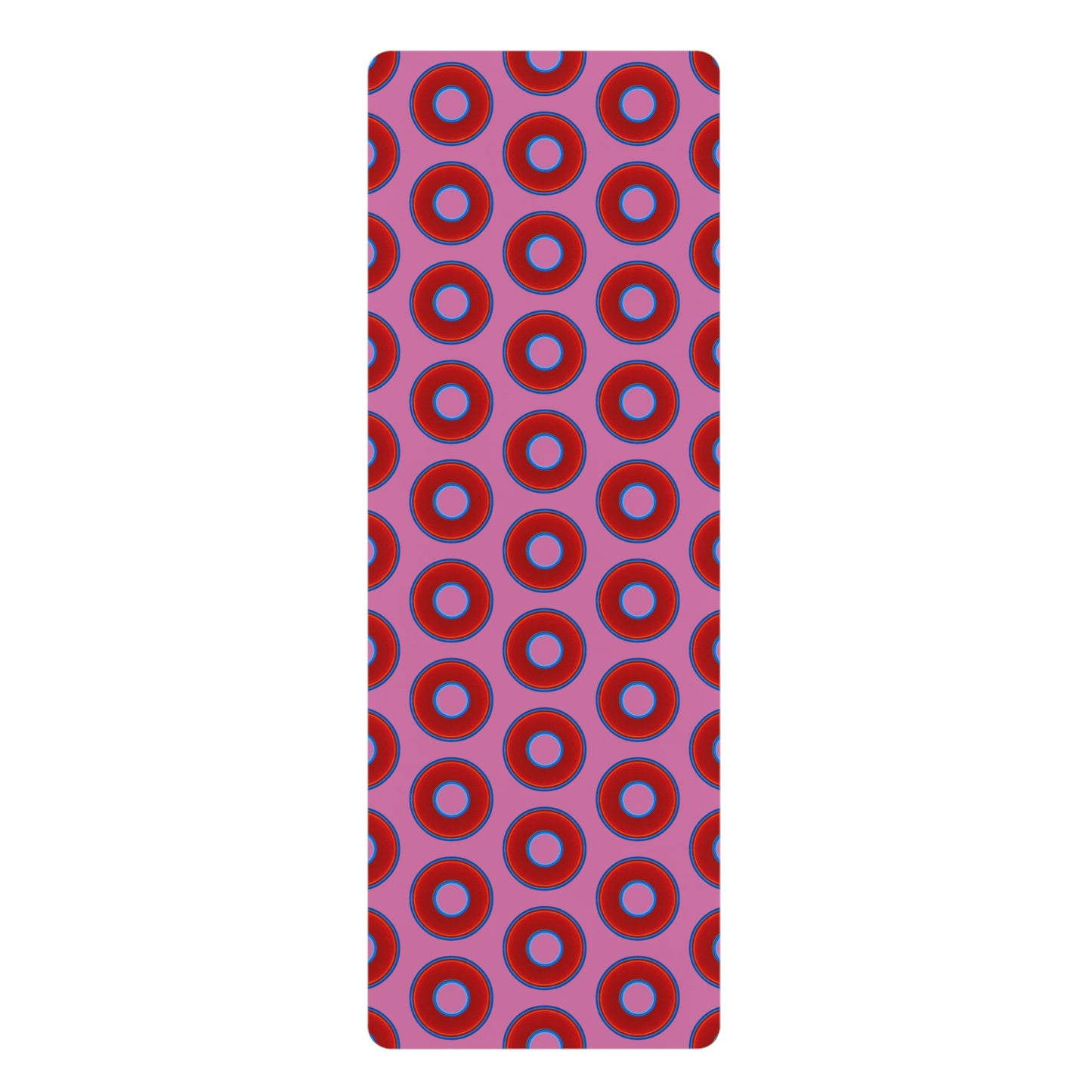 Lumpy Donut Yoga Mat :) - 24″ x 70" - vivid red donut print w/pink background