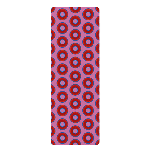 Lumpy Donut Yoga Mat :) - 24″ x 70" - vivid red donut print w/pink background