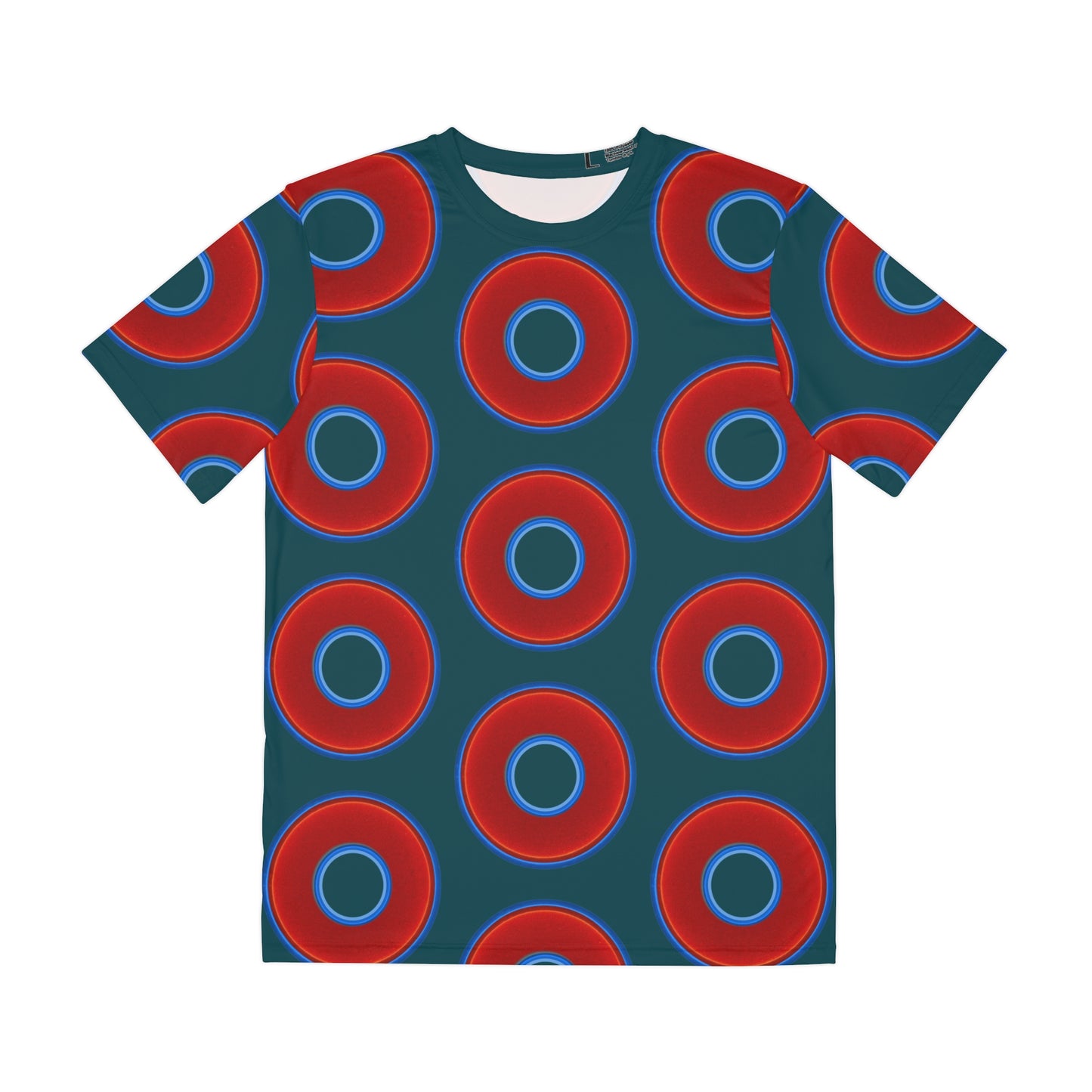 Multi-Beastie Giant Donut AOP Polyester Tee - red vivid donut print w/midnight teal green background