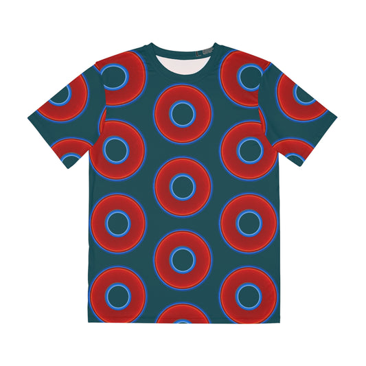 Multi-Beastie Giant Donut AOP Polyester Tee - red vivid donut print w/midnight teal green background
