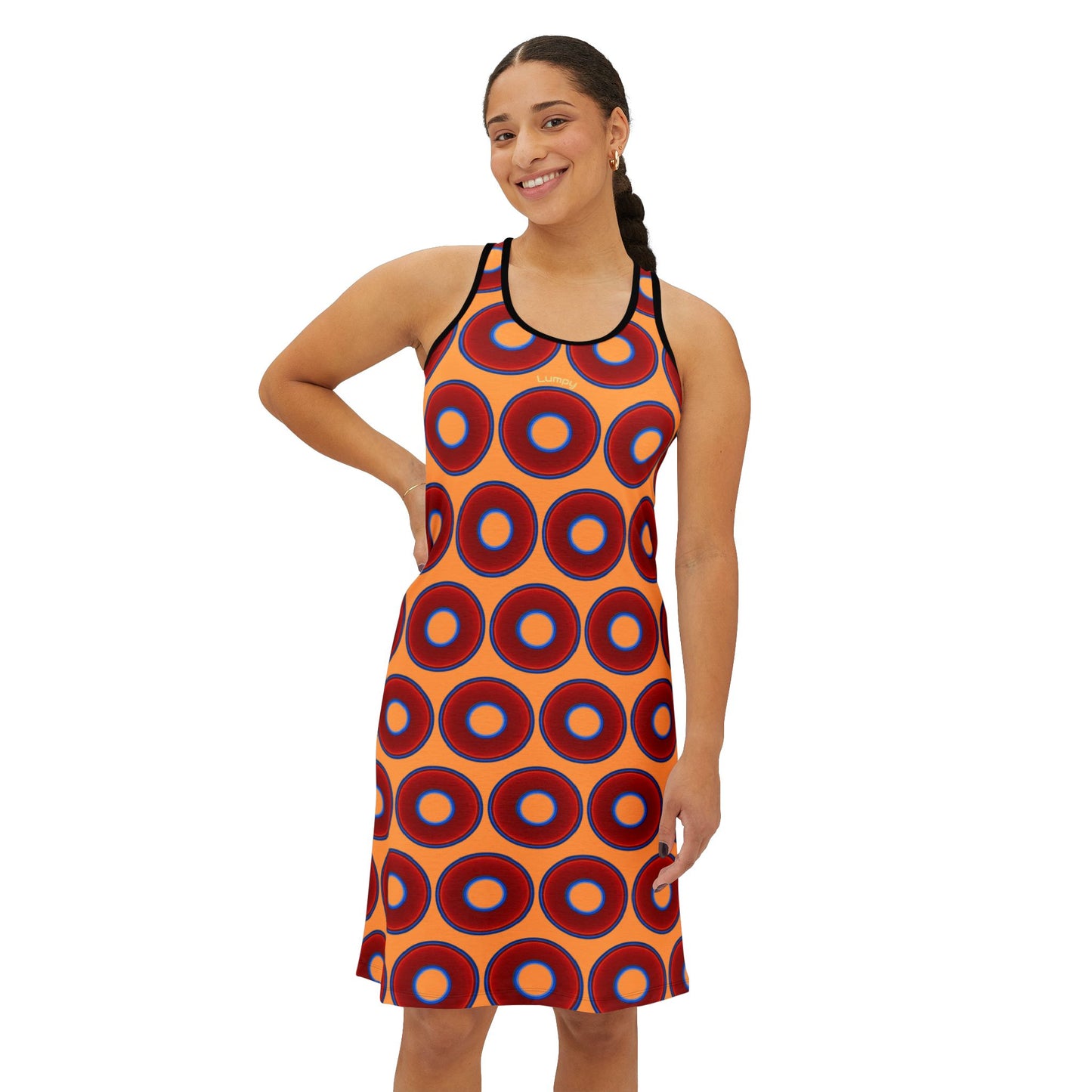 Tela's Lumpy Racerback Donut Dress - red vivid donut print w/creamsicle orange background