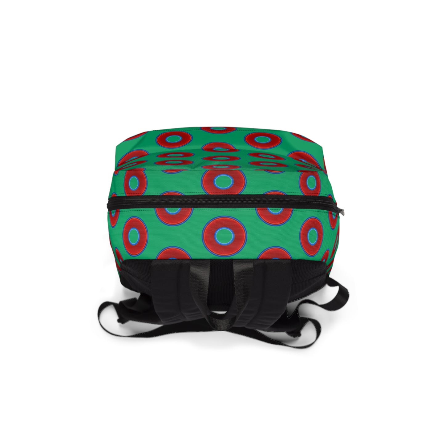 Donut Backpack - red vivid donuts w/jade green background