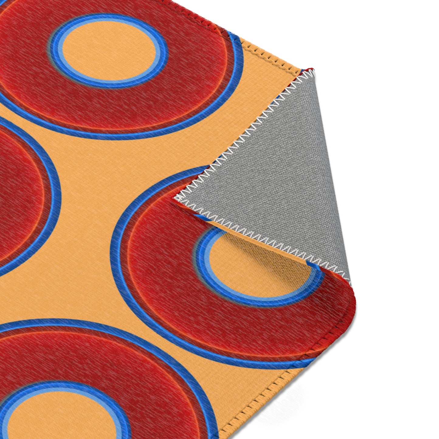 Lumpy Donut Print Rug - choice of 3 sizes - vivid red donut print w/creamsicle orange background