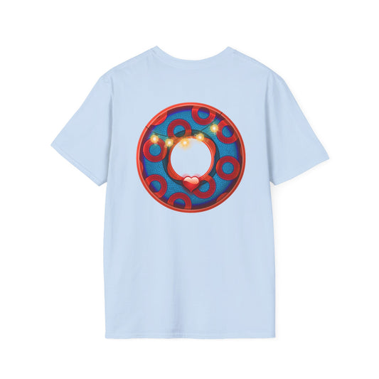 Classic Donut Tee - Unisex Soft-Style - "MORE Donuts Please" - rustic dark blue/red paradox donut - variant 1