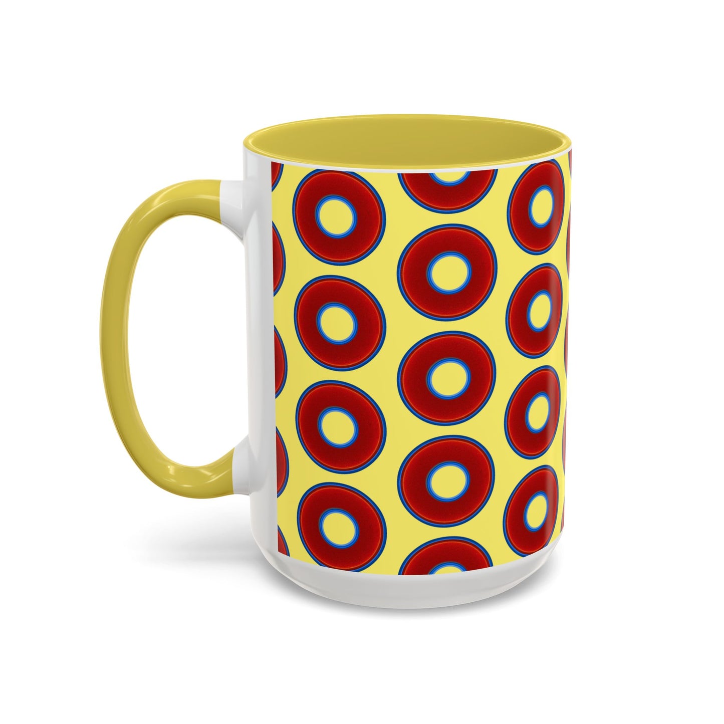 Lump's Grumpy Coffee Mug - vivid red donuts w/yellow background