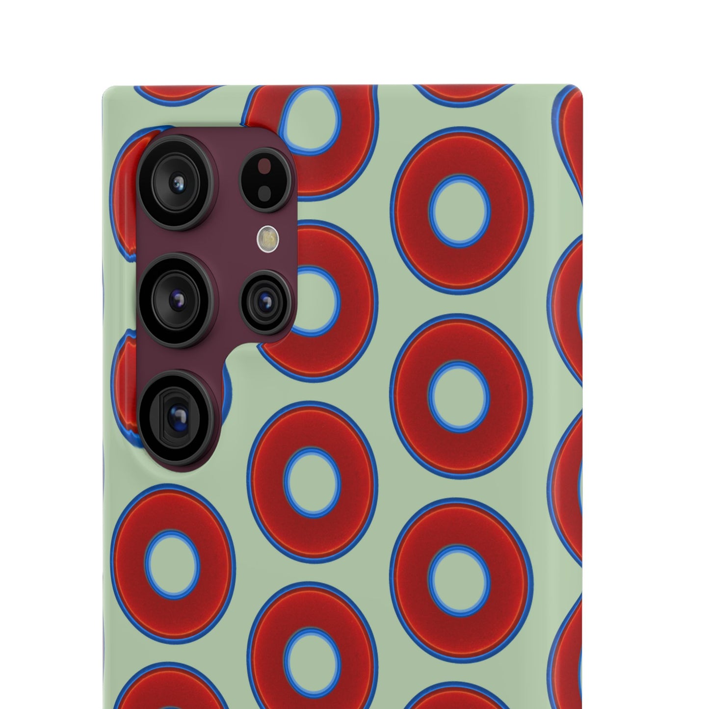 Lumpy Donut Snap Case - red vivid donut print w/seafoam green background