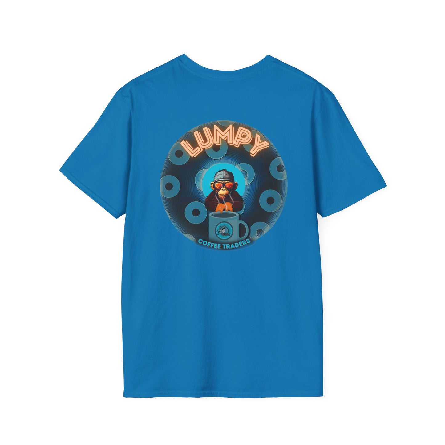 Coffee Traders Tee - Unisex Soft-Style - "Tasty Coffee" - paradoxical donut/cubed blue donut - variant 1 - It's Ice Cube's front/logo back