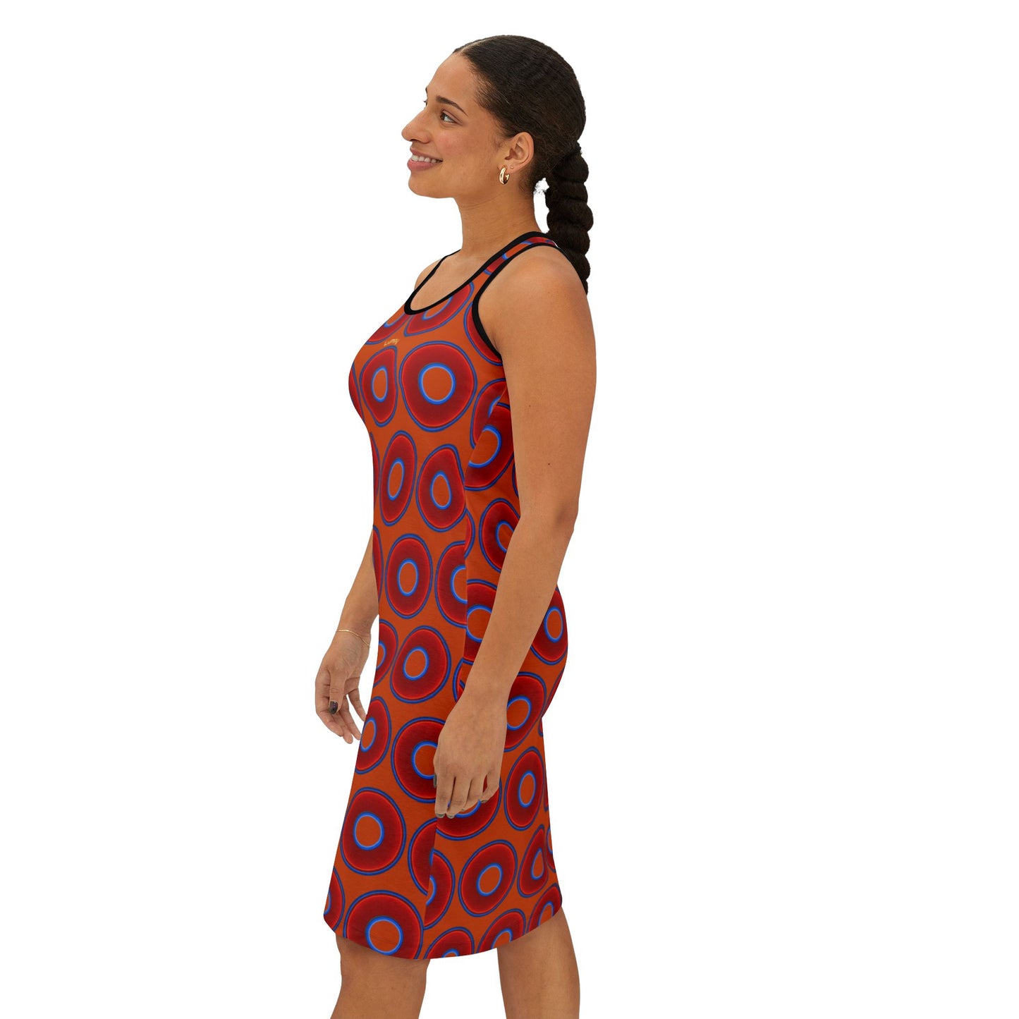 Tela's Lumpy Racerback Donut Dress - red vivid donut print w/orange background