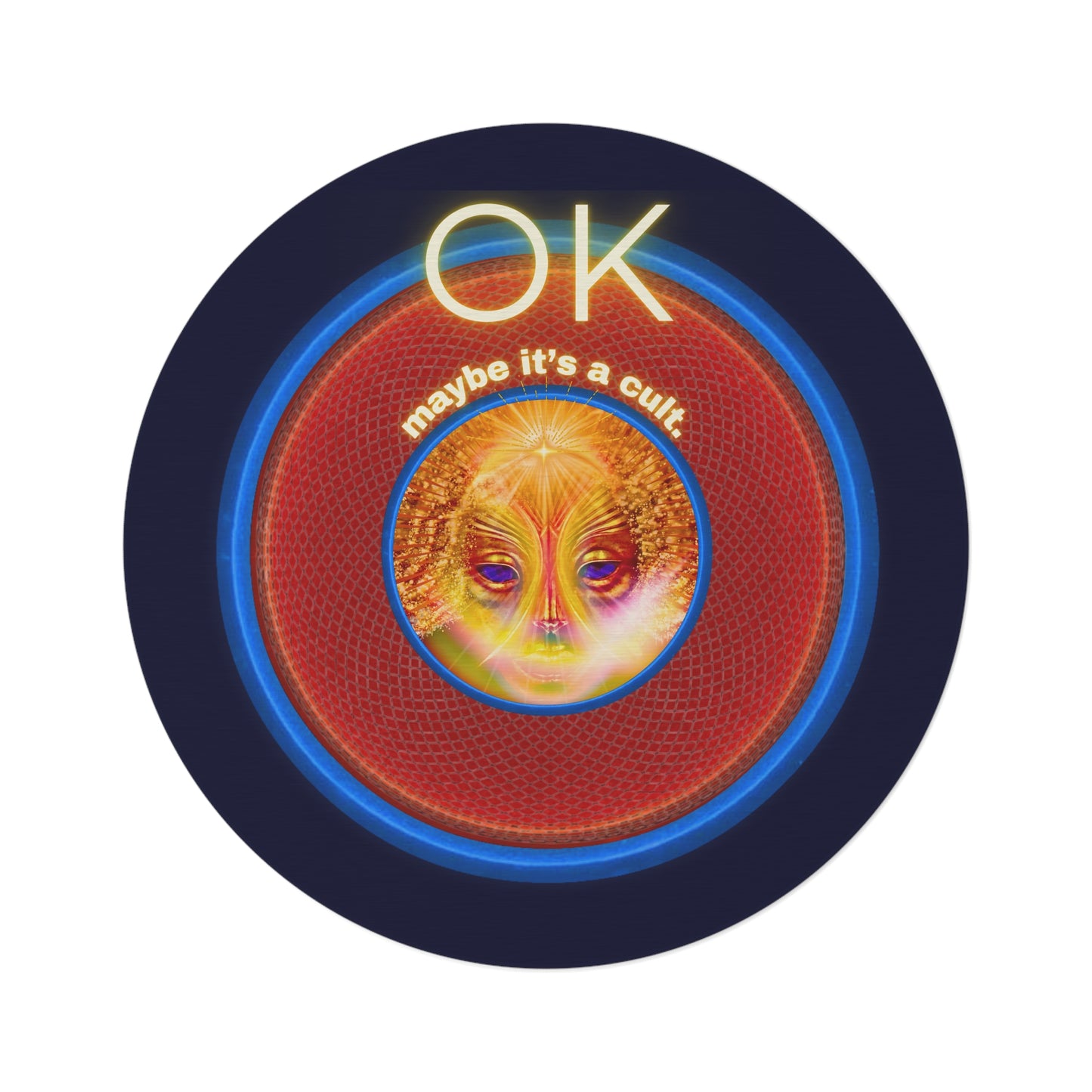 Round Room - 5 ft x 5 ft Lumpy Donut Rug - "Conjurers of Awesome Donuts" - rustic red/blue donut w/dark navy background - variant 3