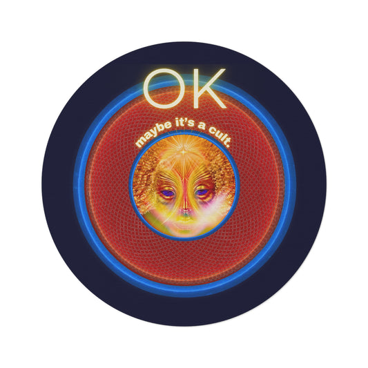 Round Room - 5 ft x 5 ft Lumpy Donut Rug - "Conjurers of Awesome Donuts" - rustic red/blue donut w/dark navy background - variant 3