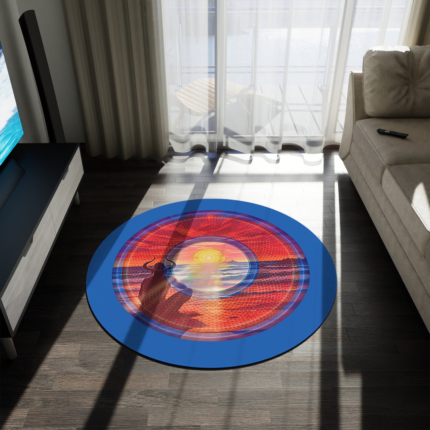 Round Room - 5 ft x 5 ft Lumpy Donut Rug - "The Squirming Donut Rug of Sunset" - rustic red/blue pic donut w/dark royal blue background