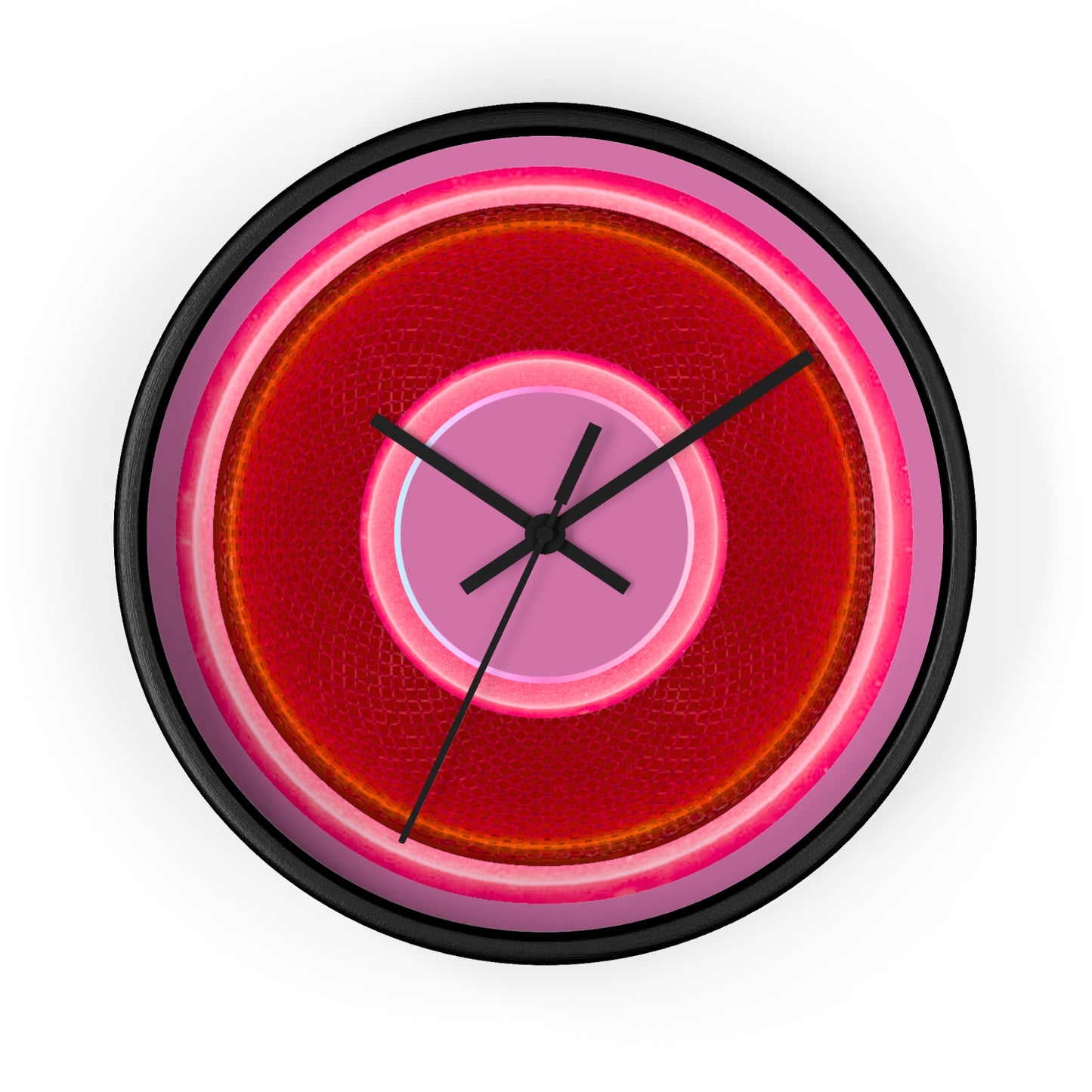 Lumpy Wall Clock - red rustic donut w/pink edging - variant 2 w/pink background