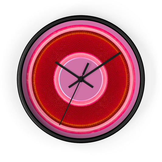 Lumpy Wall Clock - red rustic donut w/pink edging - variant 2 w/pink background