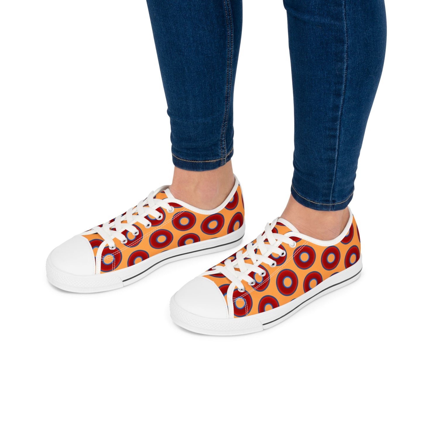 Women's - Low Top Chuck Taylors - large vivid red donut print w/creamsicle orange background