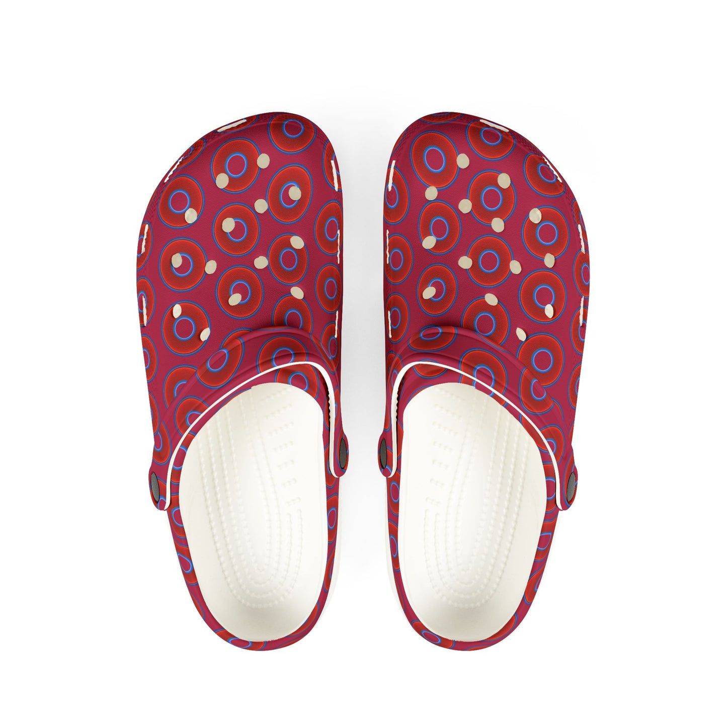 Spatchcocks - donut slip-on shoes - vivid red donuts w/dark magenta background [unisex]