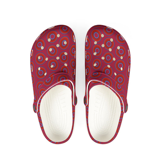 Spatchcocks - donut slip-on shoes - vivid red donuts w/dark magenta background [unisex]
