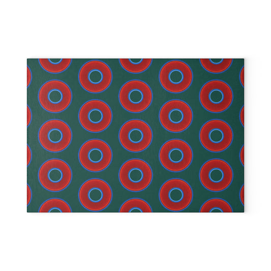 My Friend's Cutting Board - vivid red donuts w/dark Fenway green background
