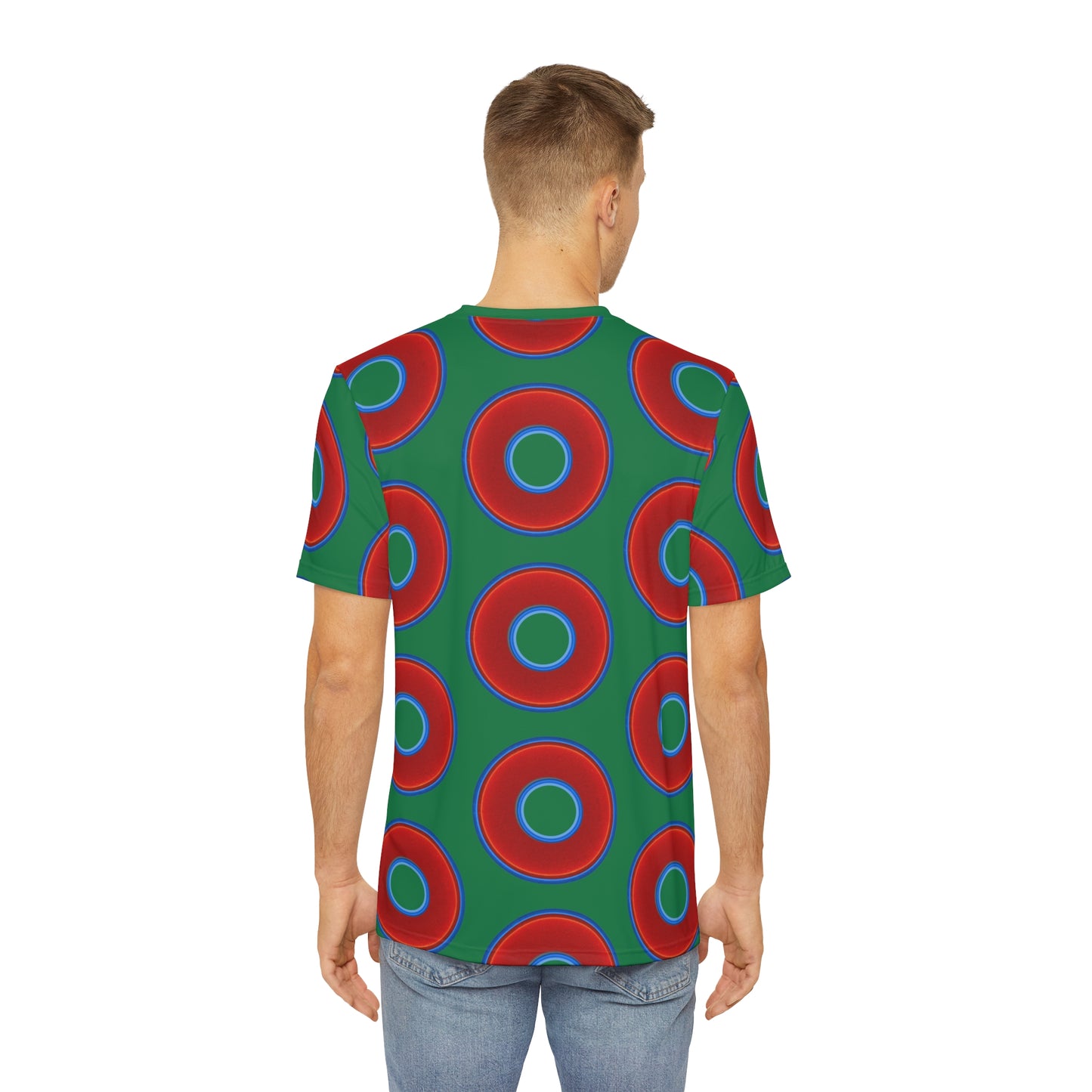 Multi-Beastie Giant Donut AOP Polyester Tee - red vivid donut print w/green background