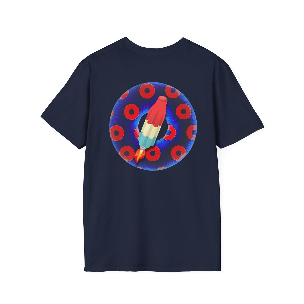Classic Donut Tee - Unisex Soft-Style - "Blow this Popsicle Stand" - blue/red paradox bomb pop donut - variant 1