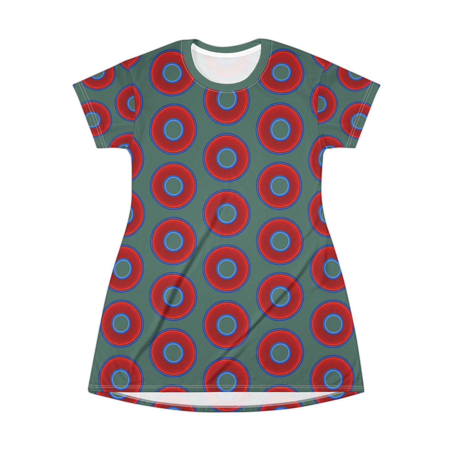 Not a Muumuu AOP Tee Shirt Dress - red vivid donuts w/light Fenway green background