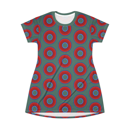 Not a Muumuu AOP Tee Shirt Dress - red vivid donuts w/light Fenway green background