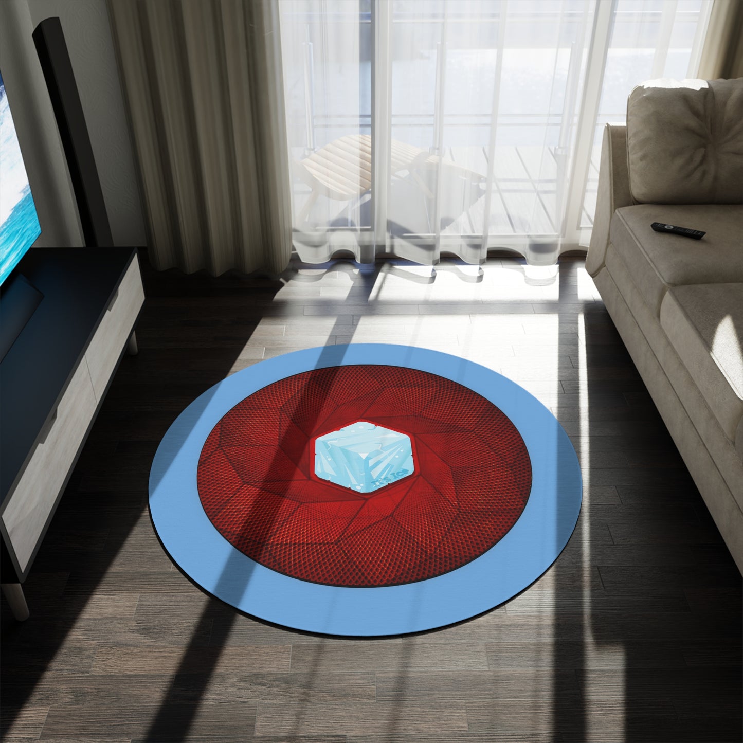 Round Room - 5 ft x 5 ft Lumpy Donut Rug - "It's Ice... Cube's Donut Rug" - cubed red donut w/light blue background - variant 1
