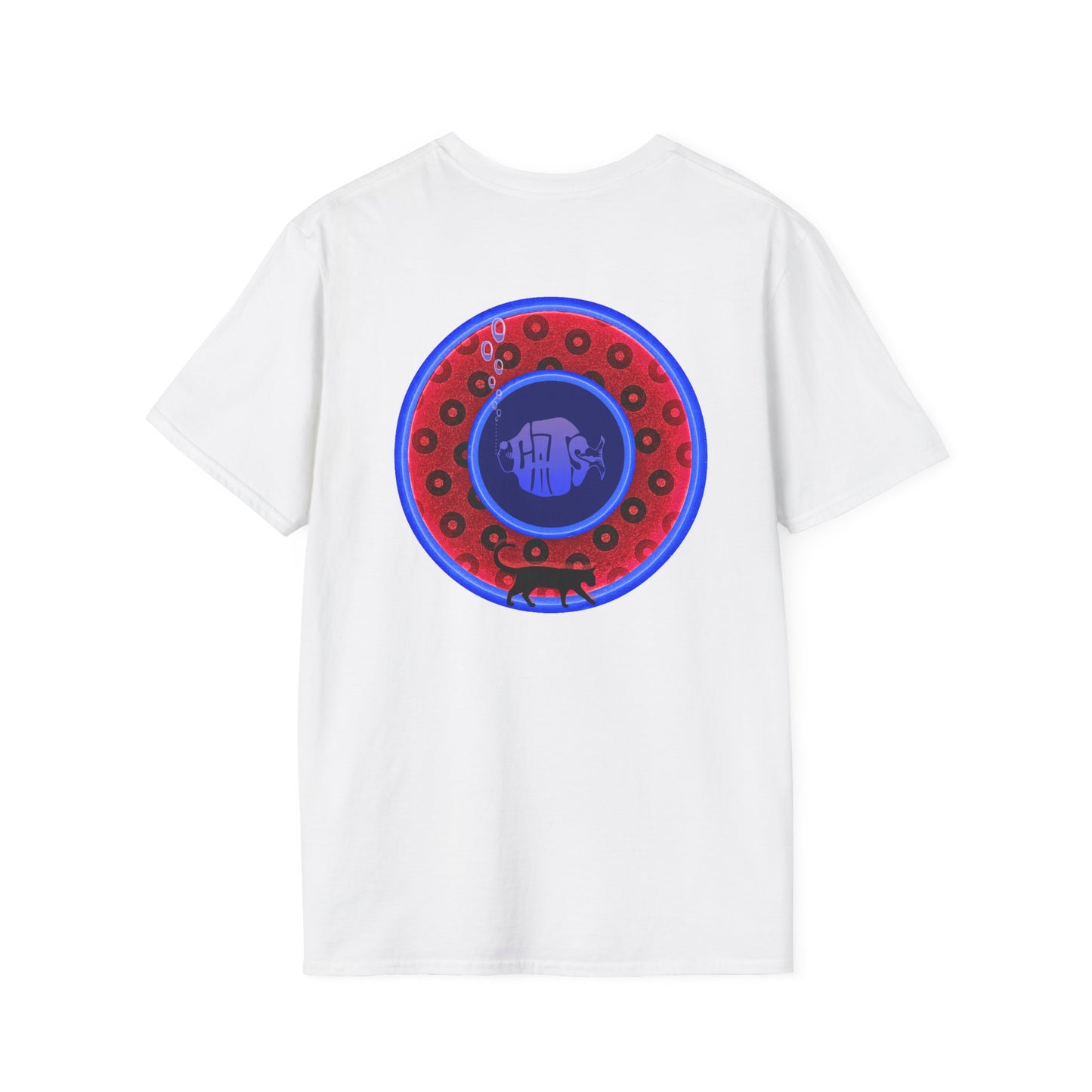 Classic Donut Tee - Unisex Soft-Style - "The Cat's Meow Donut' - red/blue paradox widemouthed donut